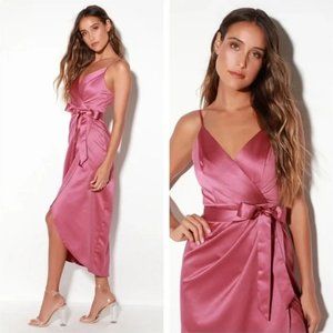 Lulu's Joice Mauve Dusty Rose Pink Satin Fitted Waist Midi Dress Size Small